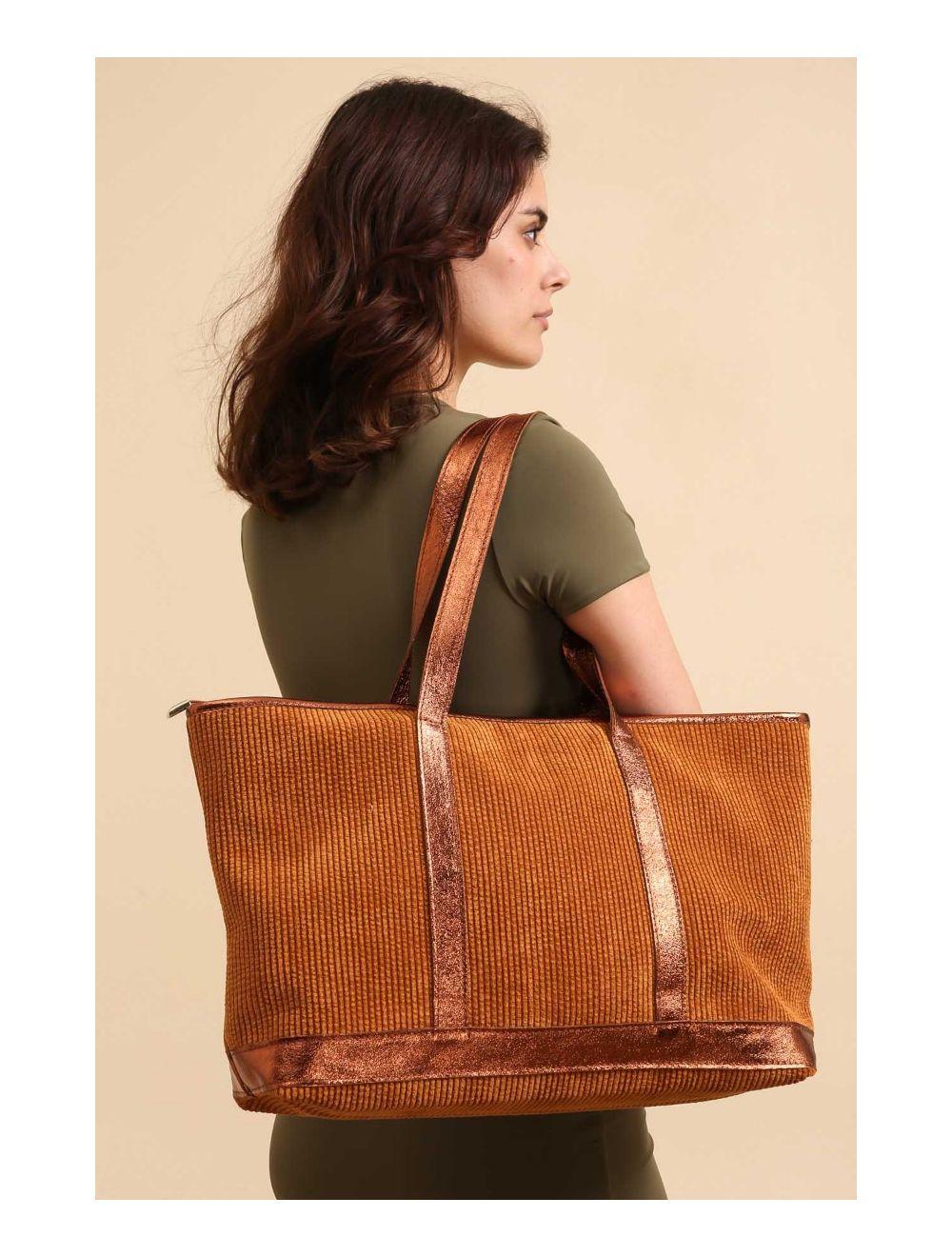 Tom&eva Sac Cabas En Textile Velours Garni Croûte Cuir Vachette 4133 SATINE-Camel