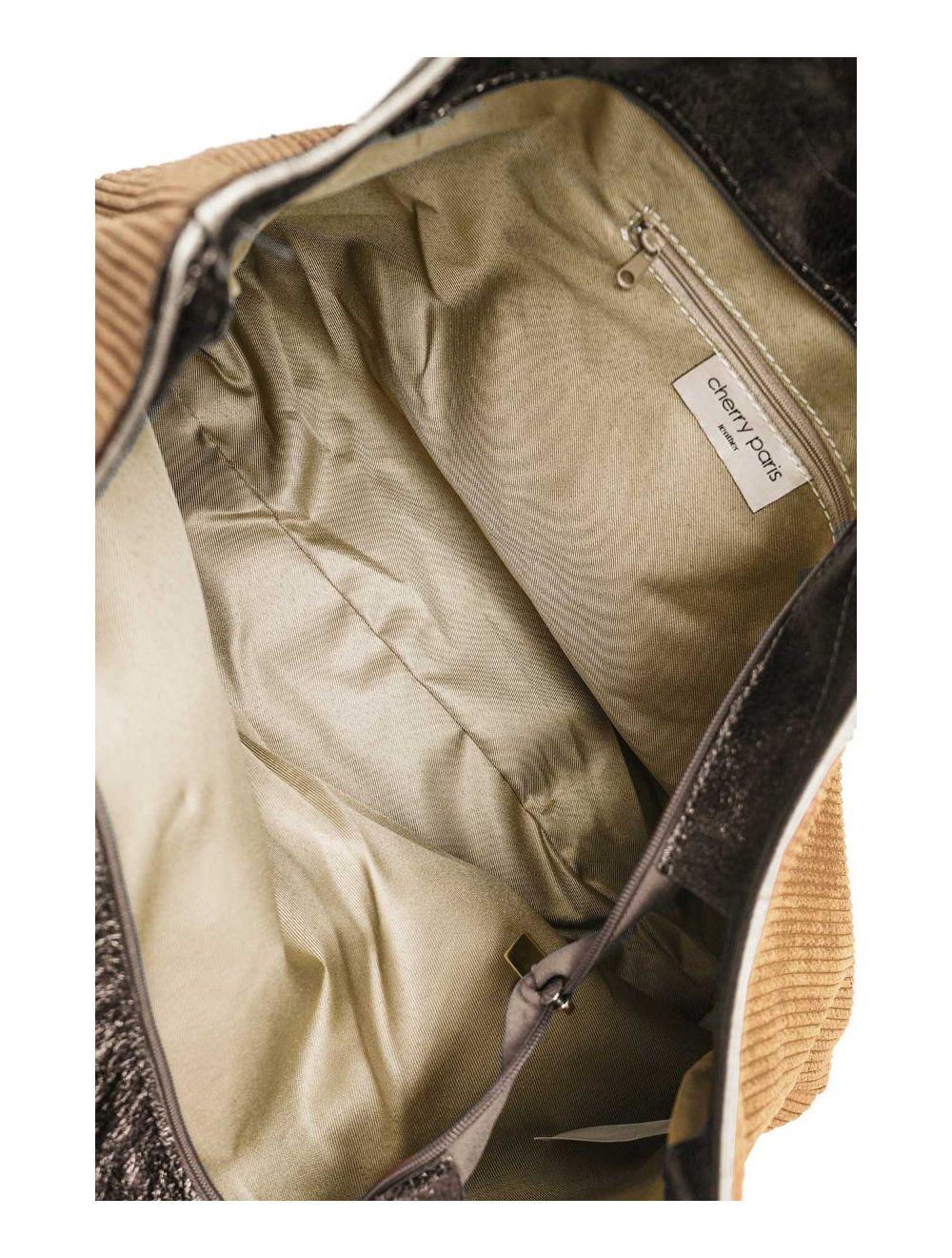 tom&eva Sac Cabas en Textile Velours Garni Croûte Cuir Vachette 4133 SATINE-Taupe