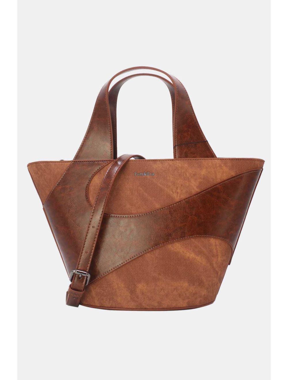 tom&eva Sac Cabas Fourre-tout Patchwork Effet Denim 24B-6111-Brown/Coffee