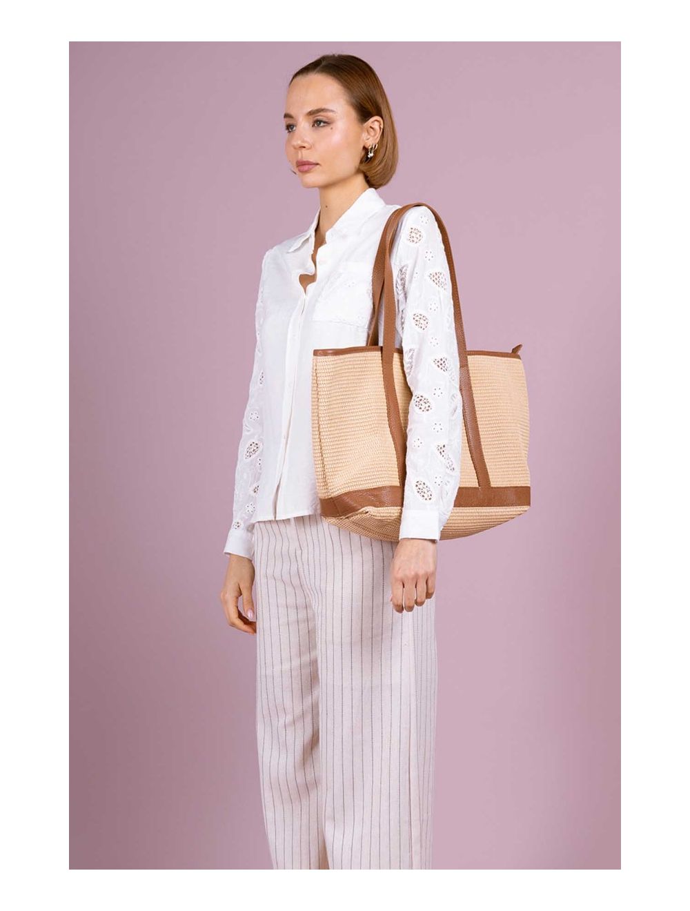 Tom&eva Sac Cabas Raphia Et Cuir Vachette Grainé 4133C SATINE RAPHIA-Cognac