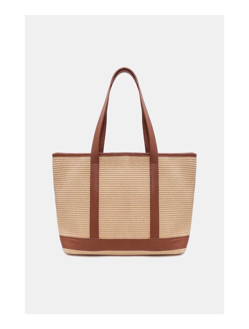 Tom&eva Sac Cabas Raphia Et Cuir Vachette Grainé 4133C SATINE RAPHIA-Cognac