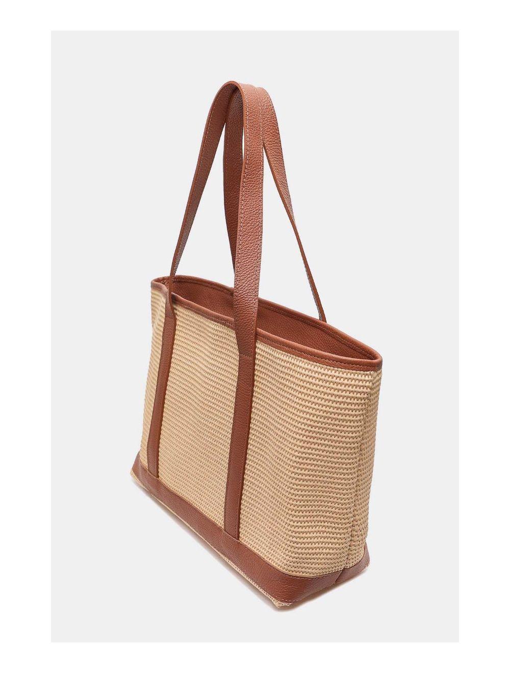 Tom&eva Sac Cabas Raphia Et Cuir Vachette Grainé 4133C SATINE RAPHIA-Cognac