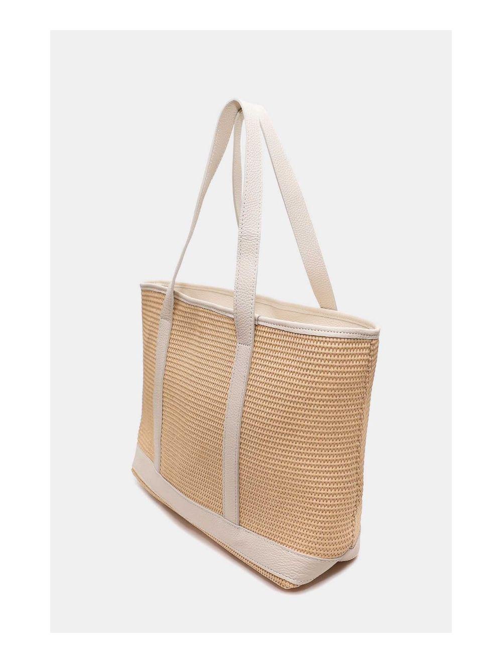 Tom&eva Sac Cabas Raphia Et Cuir Vachette Grainé 4133C SATINE RAPHIA-Beige