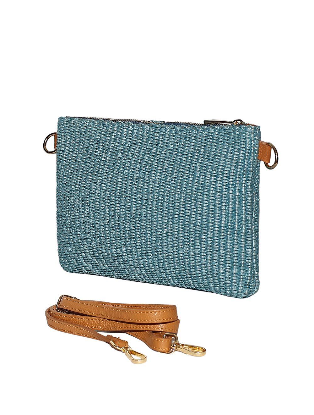 Tom&eva Sac Pochette En Raphia Tricoté Laine Garnie Cuir De Vachette-4001-Ciel