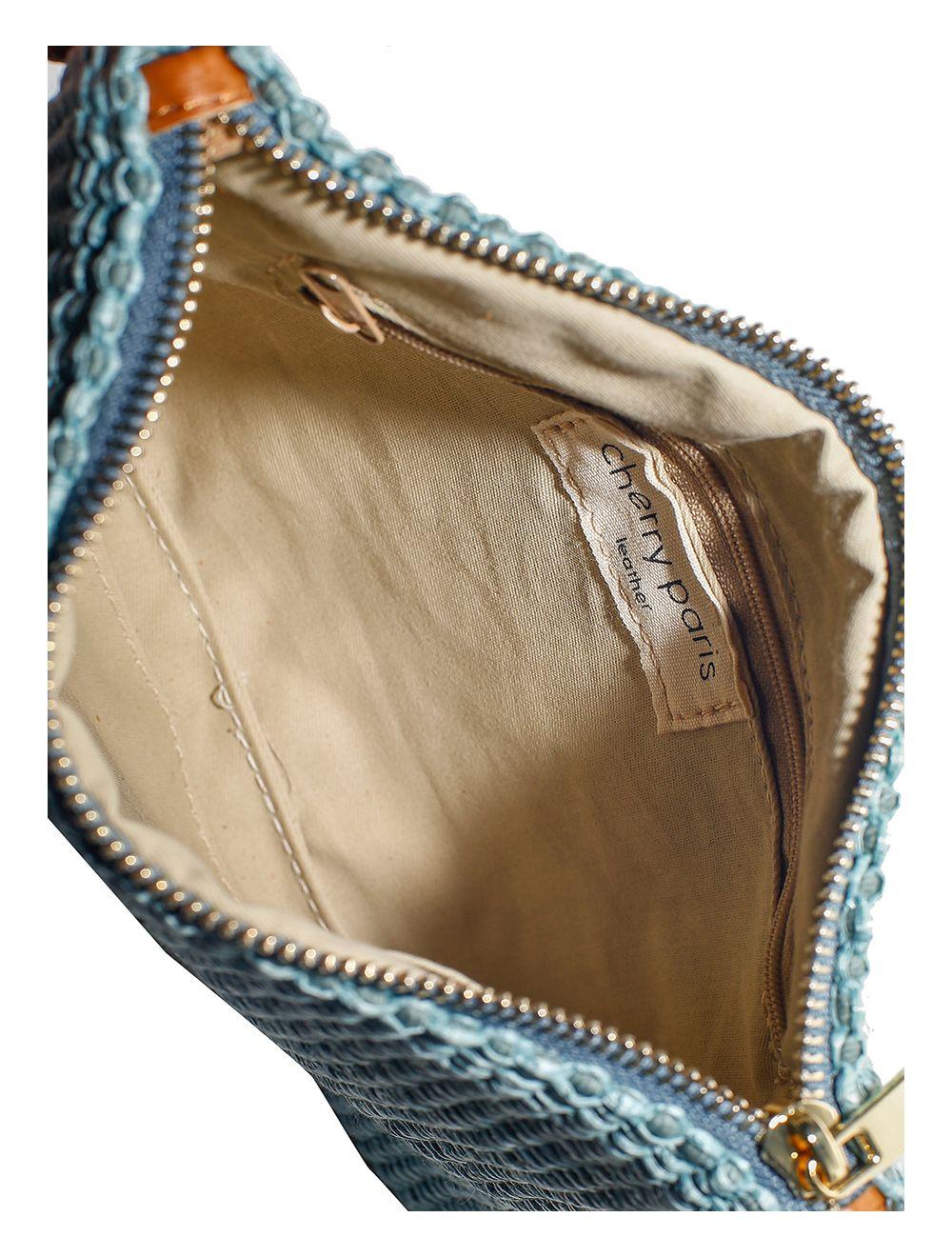 Tom&eva Sac Pochette En Raphia Tricoté Laine Garnie Cuir De Vachette-4001-Ciel