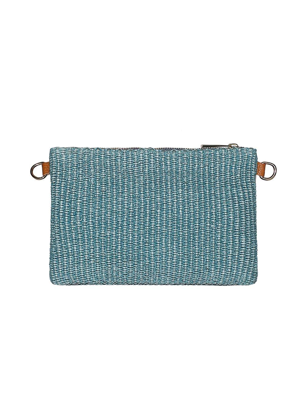 tom&eva Sac pochette en raphia tricoté laine garnie cuir de vachette-4001-Ciel