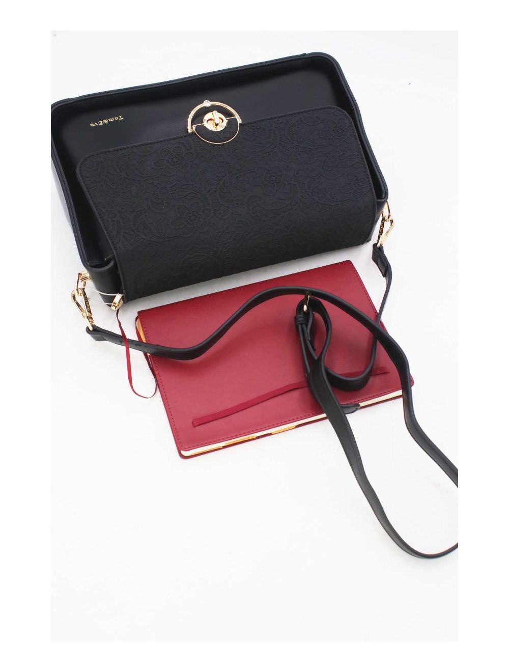 tom&eva Sac Porté Épaule à Rabat Effet Dentelle 24B-5912-Noir