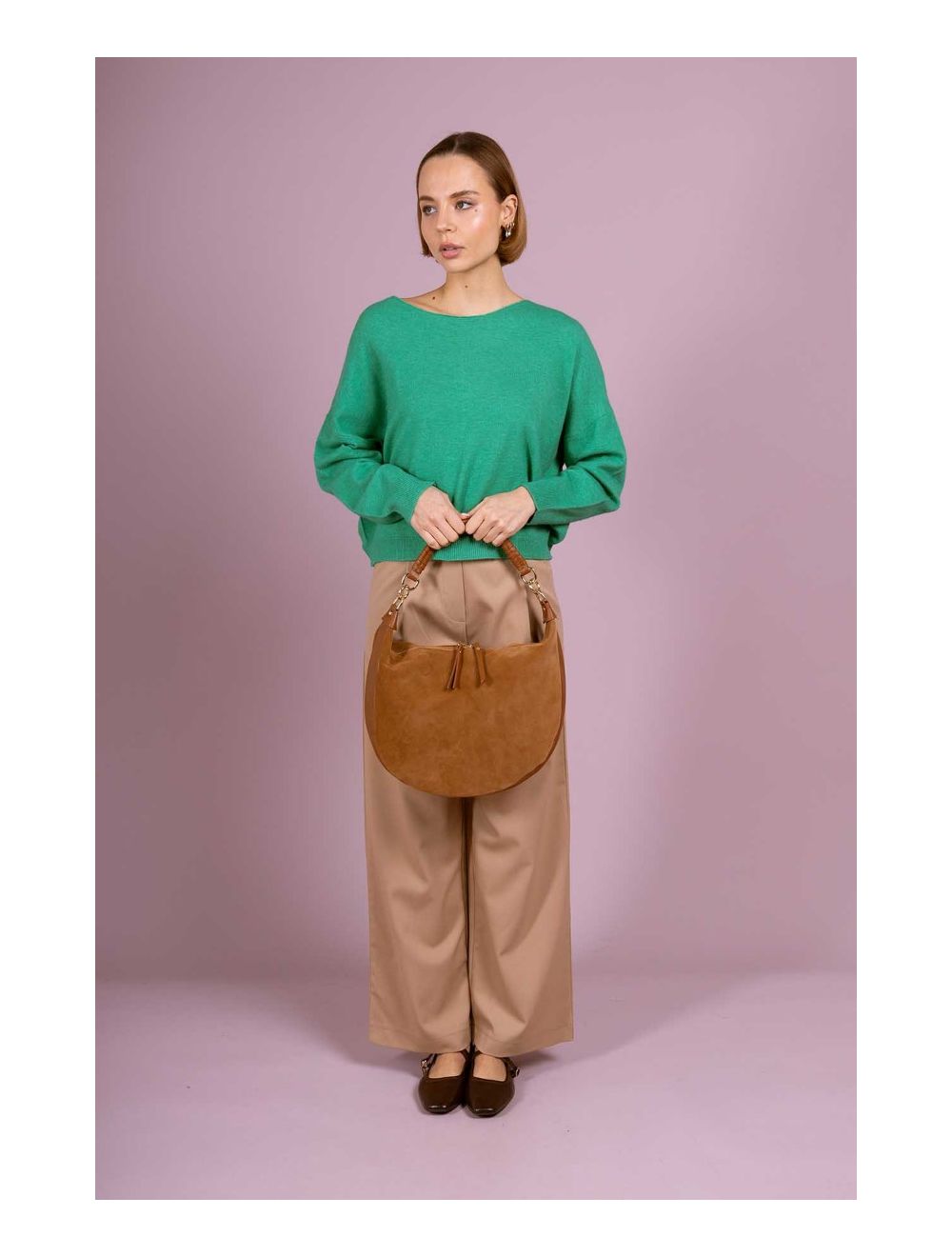 Tom&eva Sac Porté Épaule Croûte Cuir Vachette Suède Et Grainée 4165 NADINE SUEDE-Cognac