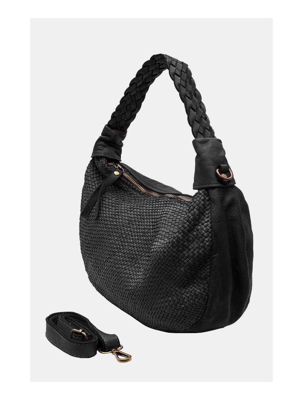 Tom&eva Sac Porté Epaule Demi-lune En Cuir Vachette Style Vintage Tressé AIDA 4069-Black