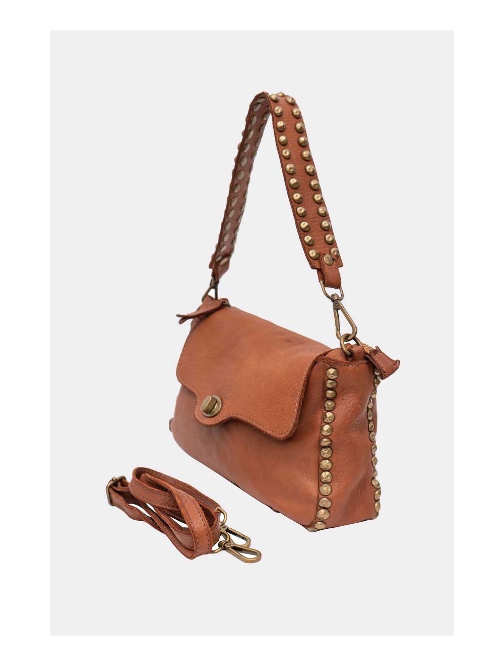Tom&eva Sac Porté Épaule En Cuir Vachette Style Vintage Clouté MELISSA 4118-Camel