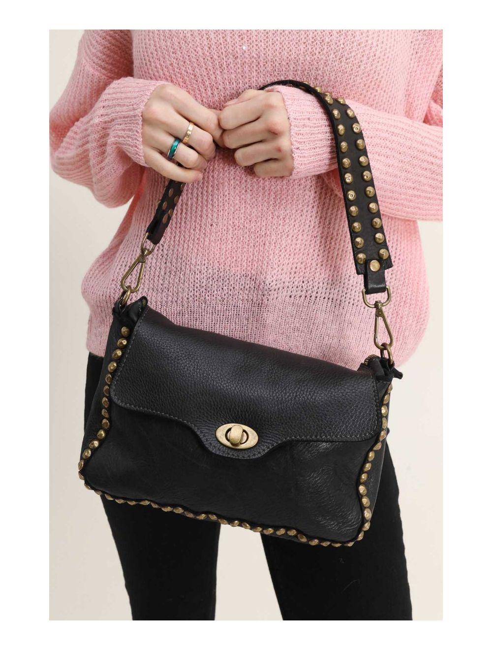 Tom&eva Sac Porté Épaule En Cuir Vachette Style Vintage Clouté MELISSA 4118-Noir