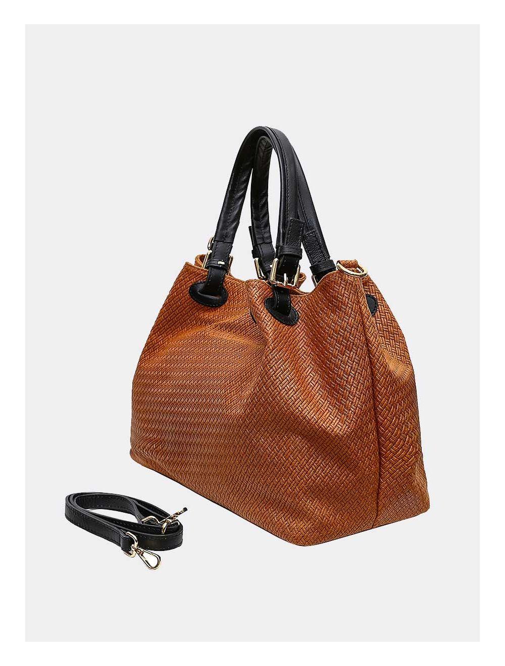 Tom&eva Sac Porté Epaule Et Main Croûte De Cuir Vachette Motif Tressé EMILIA 4036-CAMEL