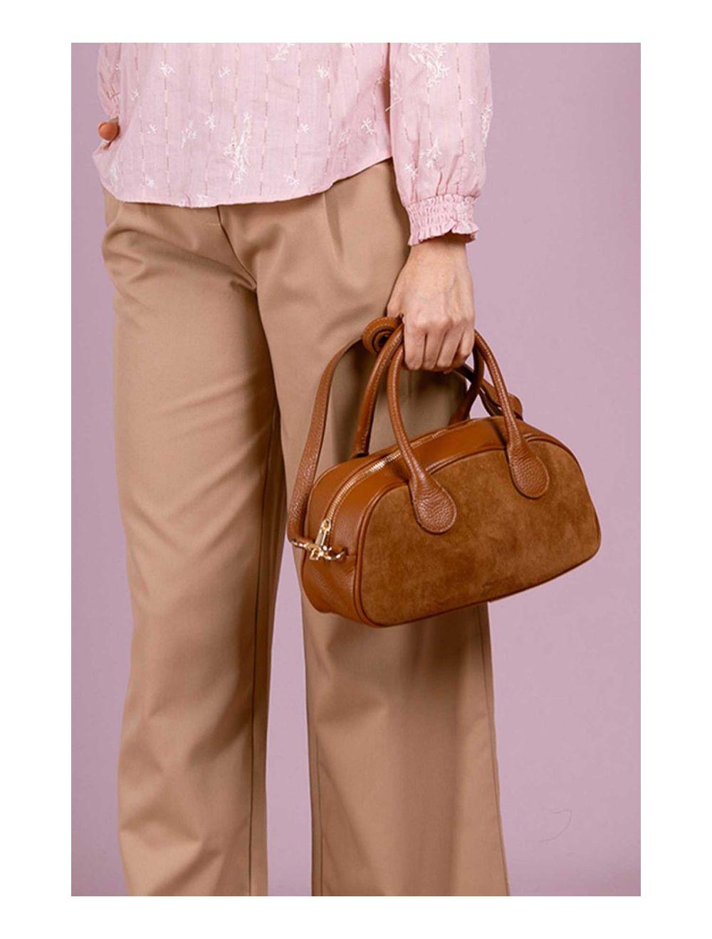 Tom&eva Sac Porté Main En Croûte Cuir Vachette Suède Et En Cuir Vachette Grainée 4158 ARIELLE SUEDE-Cognac