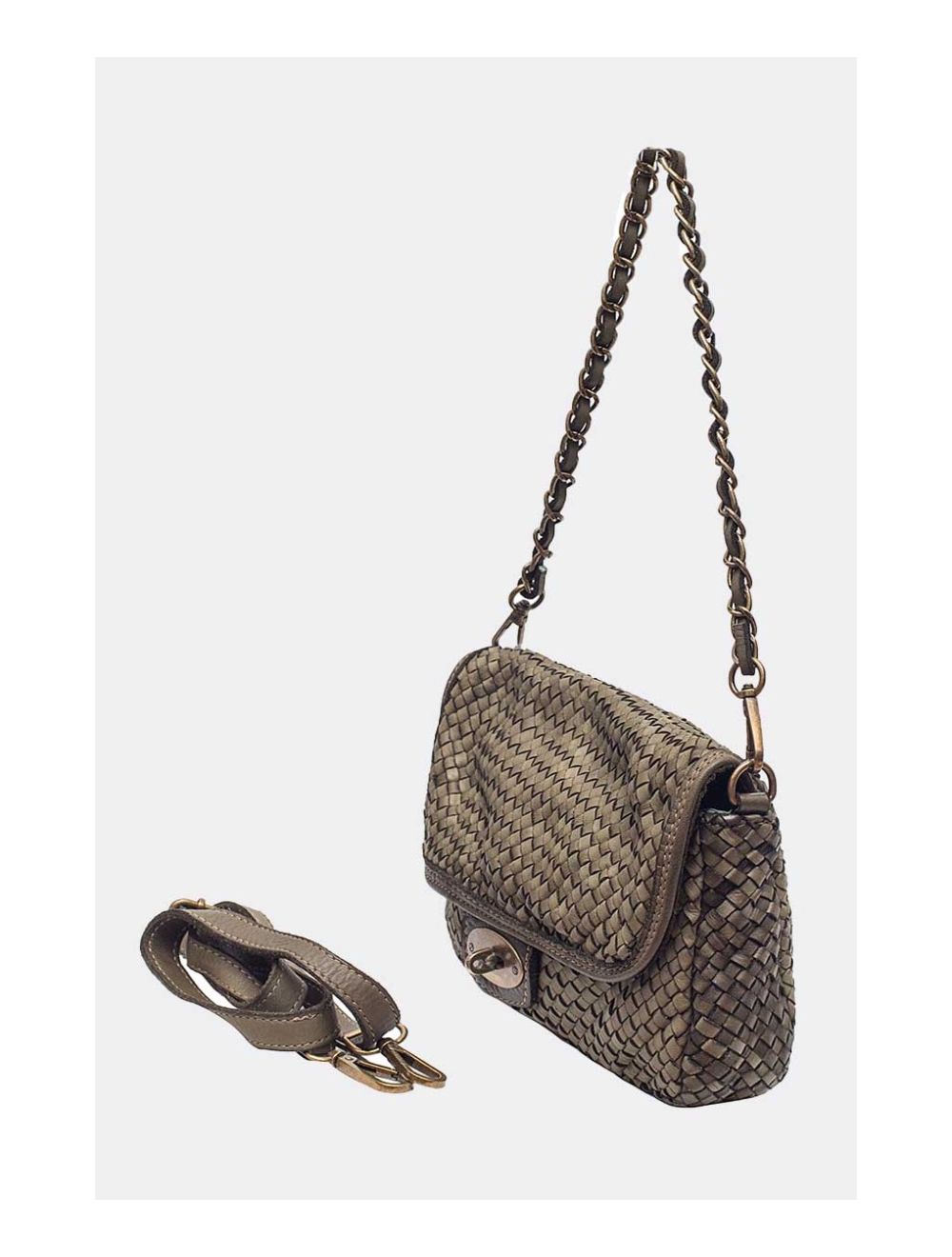 Tom&eva Sac Porté Main En Cuir Vachette Style Vintage Tressé LEOPOLDINE 4070-Khaki