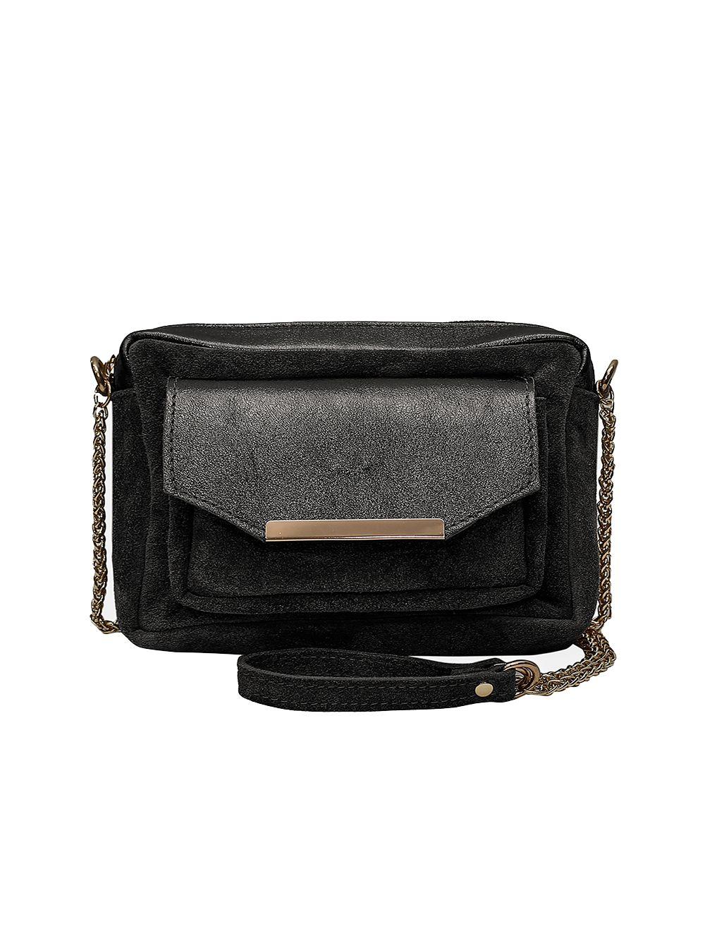 tom&eva Sac porté travers en croûte de vachette métallisé et suède-3985-Noir