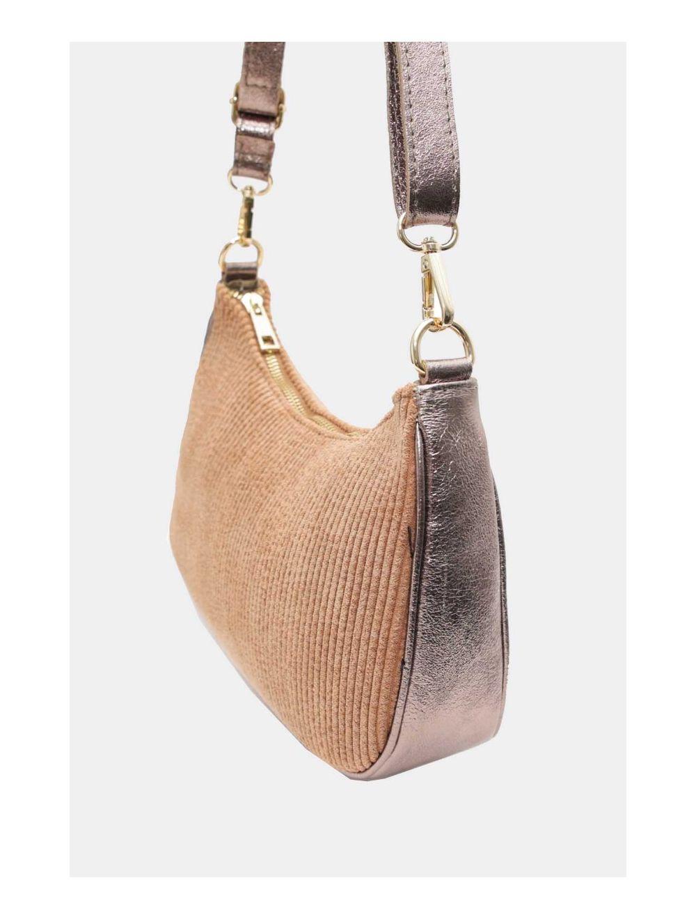 Tom&eva Sac Porté Travers En Textile Velours Garni Croûte Cuir Vachette Métallisé 4134 ELEANORE VELOURS-Taupe