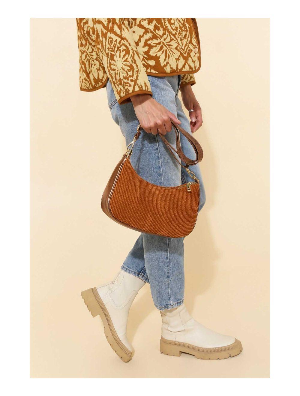 Tom&eva Sac Porté Travers En Textile Velours Garni Croûte Cuir Vachette Métallisé 4134 ELEANORE VELOURS-Camel