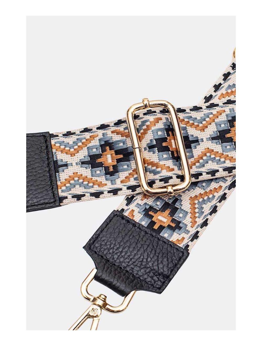 Tom&eva Sangle Bandoulière En Toile Coton Garnie En Cuir Vachette Grainé-CLOTHILDE 9000-Noir/Jean