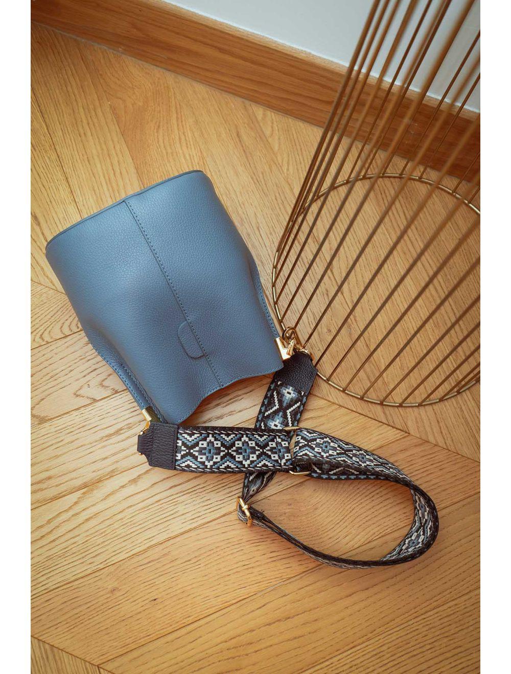 tom&eva Sangle Bandoulière en Toile Coton Garnie en Cuir Vachette Grainé-CLOTHILDE 9000-MARINE/JEAN