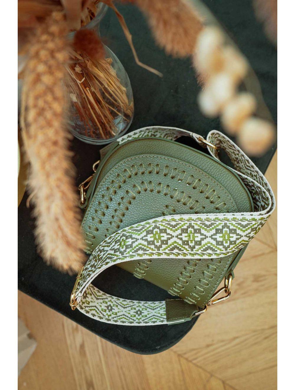 tom&eva Sangle Bandoulière en Toile Coton Garnie en Cuir Vachette Grainé-CLOTHILDE 9000-KAKI