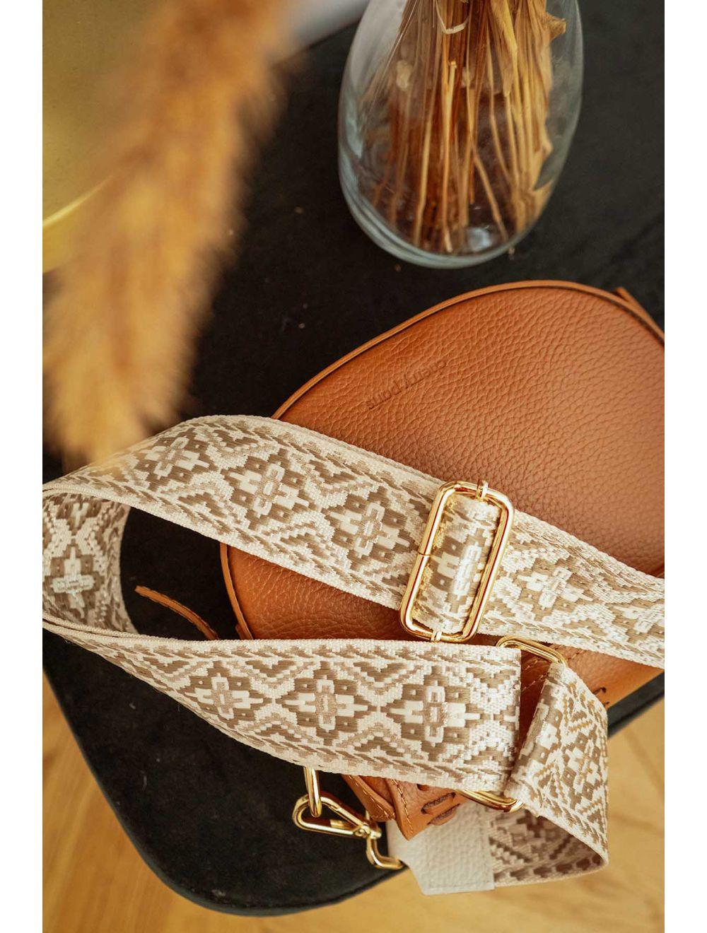 tom&eva Sangle Bandoulière en Toile Coton Garnie en Cuir Vachette Grainé-CLOTHILDE 9000-BEIGE/TAUPE