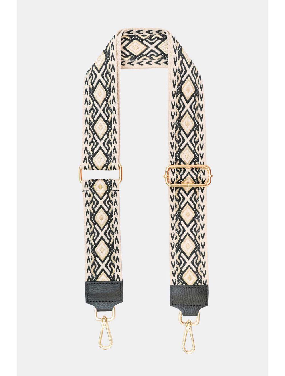 Tom&eva Sangle Bandoulière En Toile Coton Garnie En Cuir Vachette Grainé-YONA 9001-NOIR/DORE