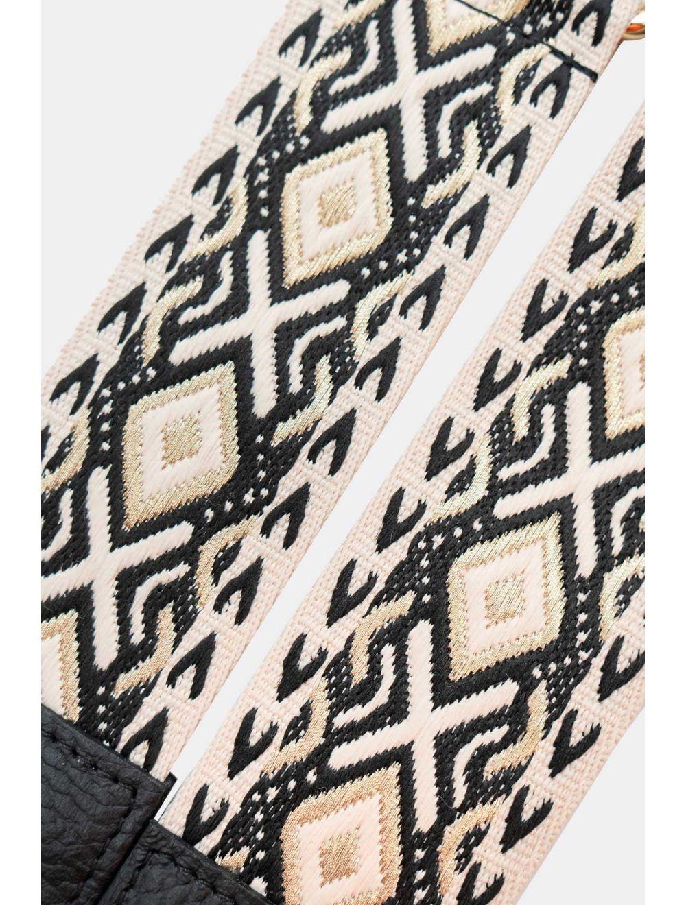 Tom&eva Sangle Bandoulière En Toile Coton Garnie En Cuir Vachette Grainé-YONA 9001-NOIR/DORE