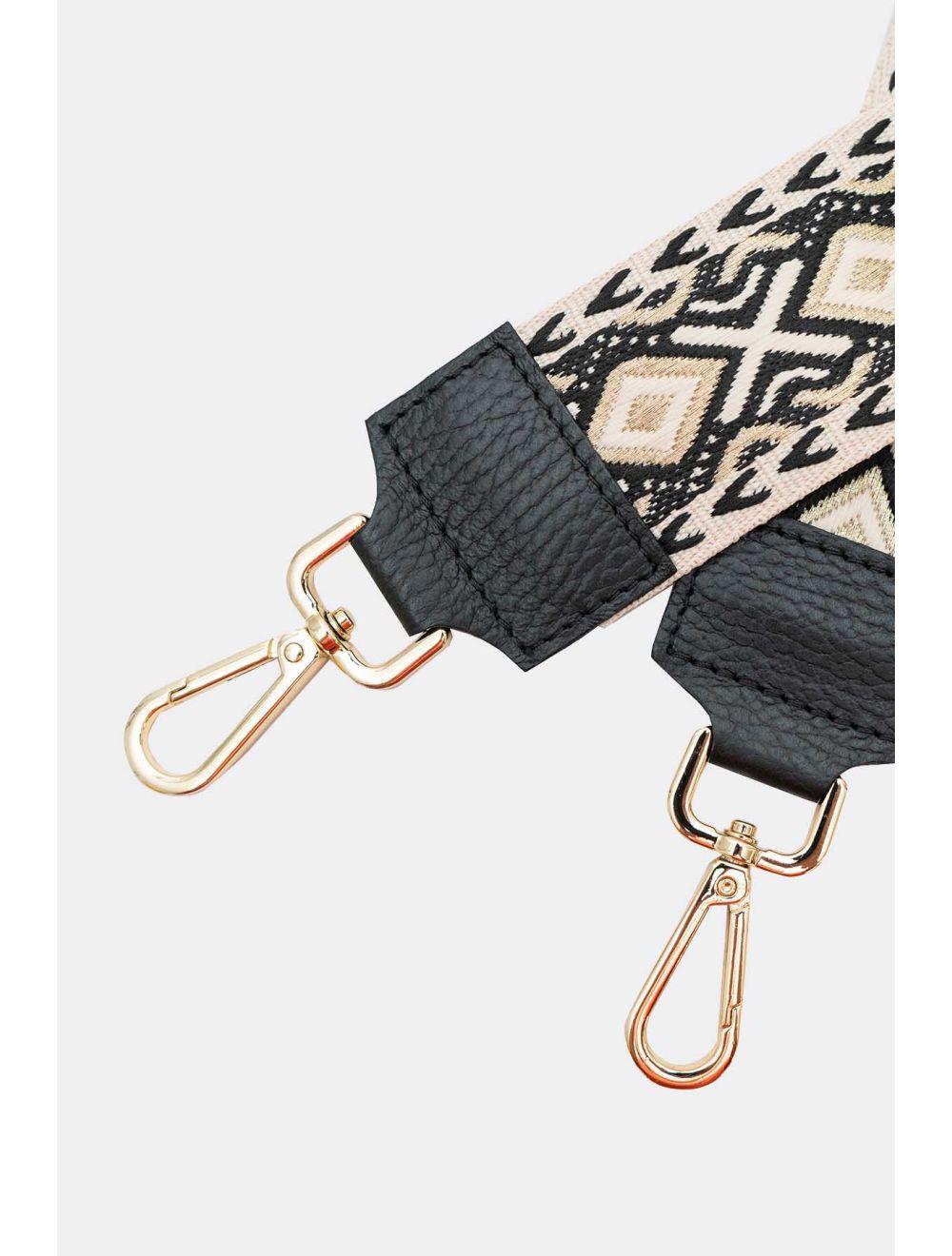 Tom&eva Sangle Bandoulière En Toile Coton Garnie En Cuir Vachette Grainé-YONA 9001-NOIR/DORE