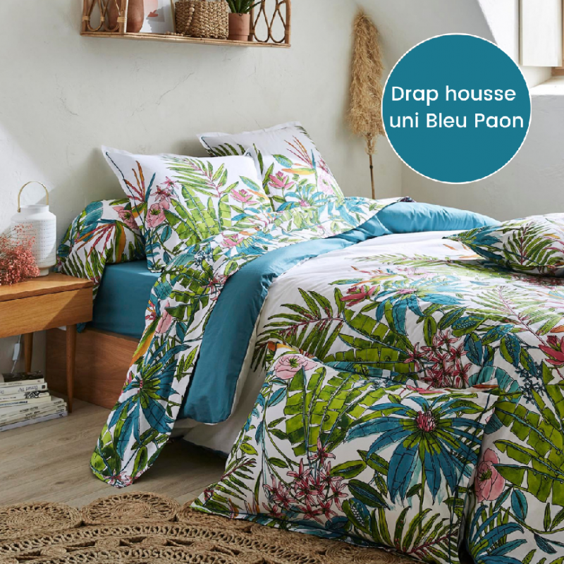 tradilinge Drap housse 100% coton Tradilinge uni BLEU PAON (Sumatra Paon)