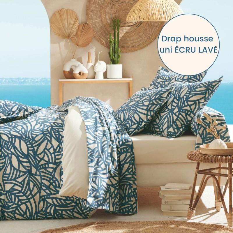 tradilinge Drap housse 100% coton Tradilinge uni ÉCRU LAVÉ (Séréna Blue)