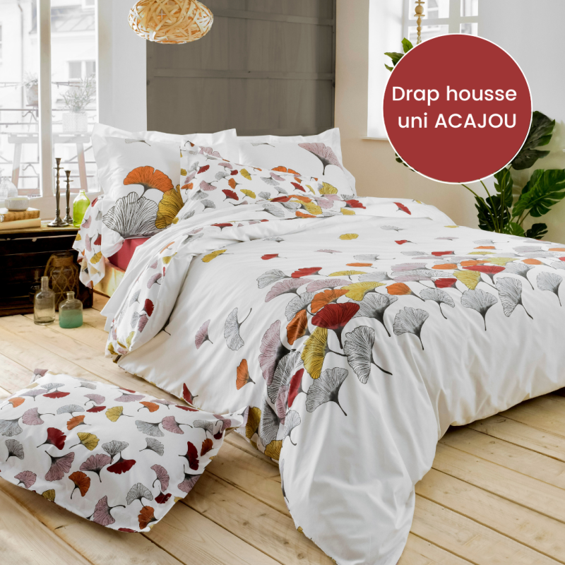 tradilinge Drap housse percale Tradilinge uni ACAJOU (Ginkgo Rose)