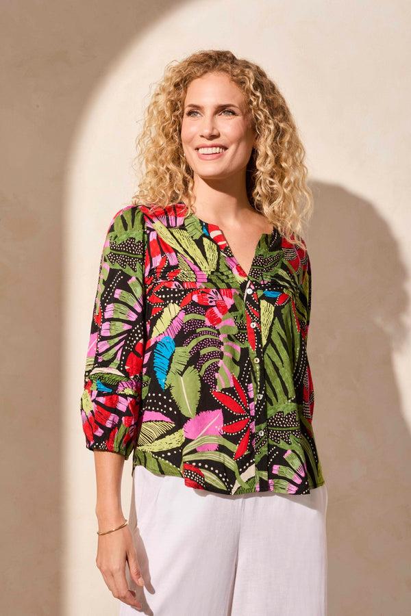Tribal Blouse Boutonnée Plissée À Manches Trois-Quarts