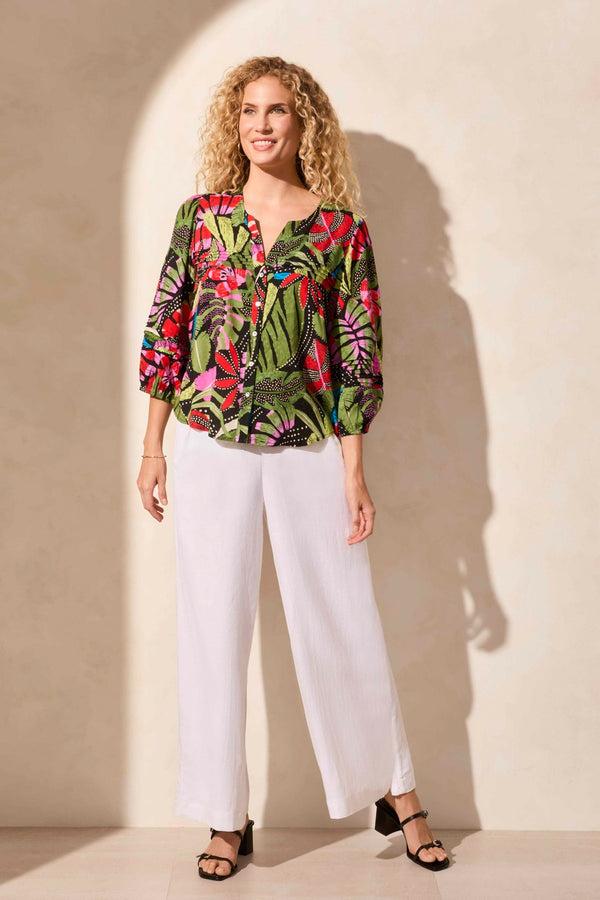 tribal Blouse Boutonnée Plissée À Manches Trois-Quarts