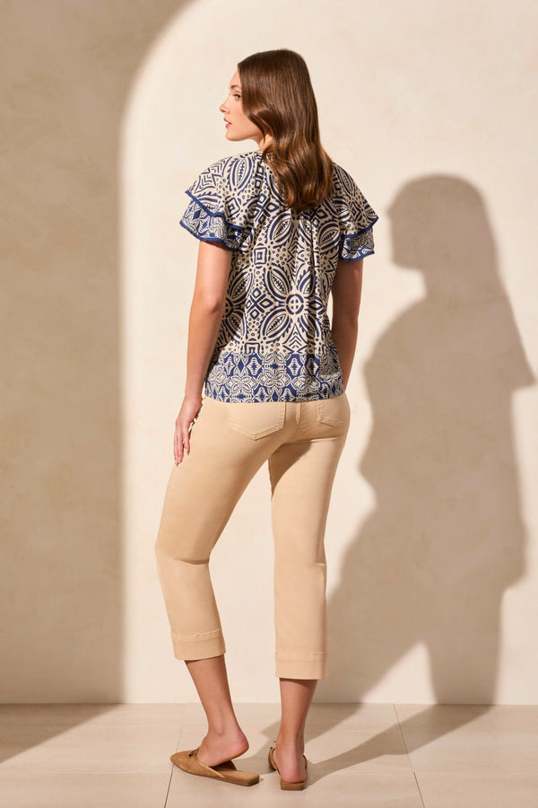 Tribal Blouse Imprimée À Col Rond Et Manches Papillons