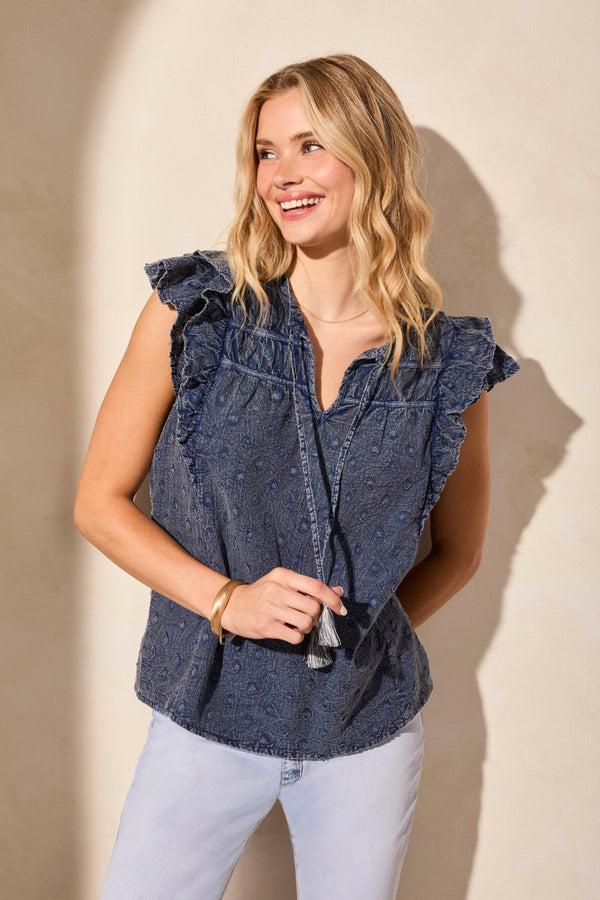 Tribal Blouse Plumetis À Manches Courtes Volantées Col En V Et Cordons À Nouer