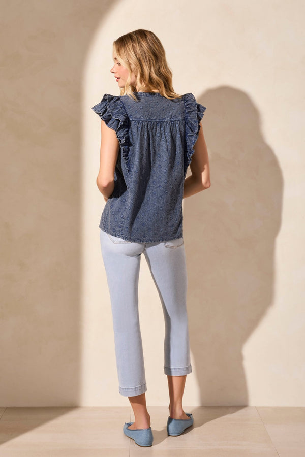 Tribal Blouse Plumetis À Manches Courtes Volantées Col En V Et Cordons À Nouer