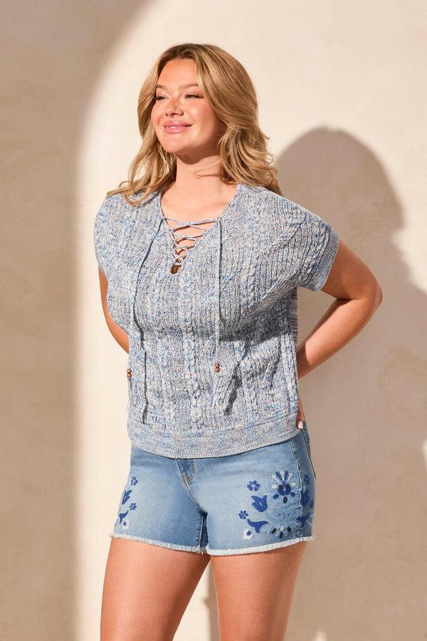 Tribal Chandail À Manches Courtes Col En V Lacé Et Perles