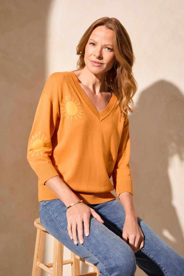 Tribal Chandail Jacquard À Col En V Et Manches Trois-Quarts