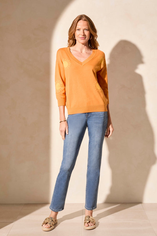 tribal Chandail Jacquard À Col En V Et Manches Trois-Quarts