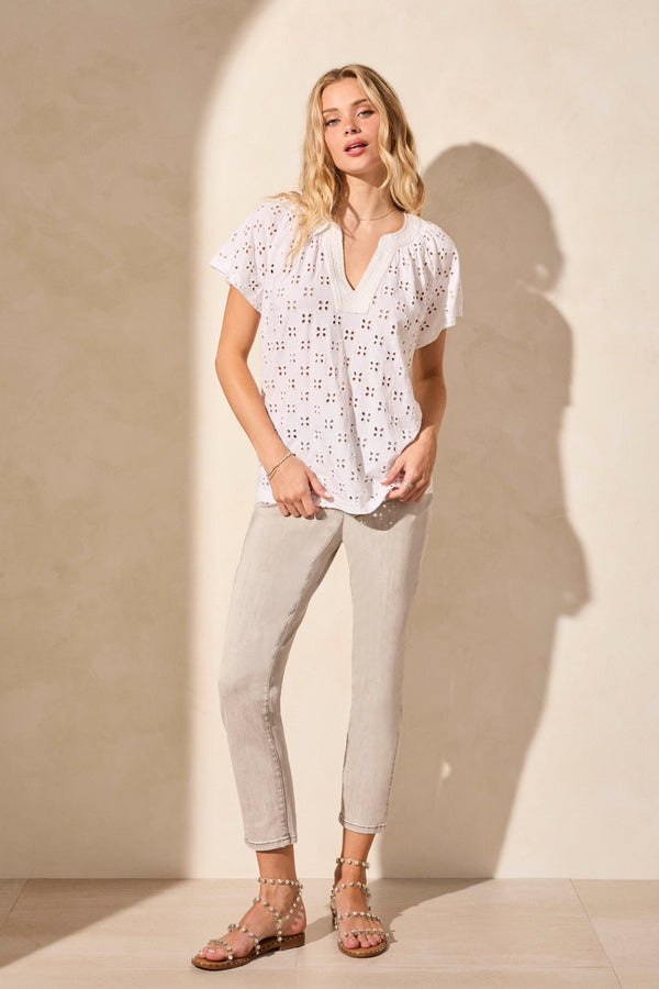 tribal Haut À Manches Courtes Col Fendu Et Broderie Anglaise