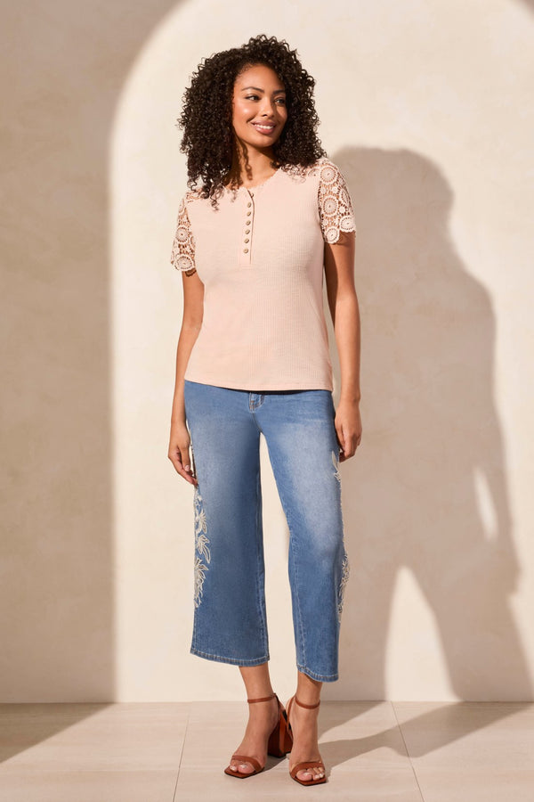 Tribal Haut Henley Côtelé À Manches Courtes Et Dentelle