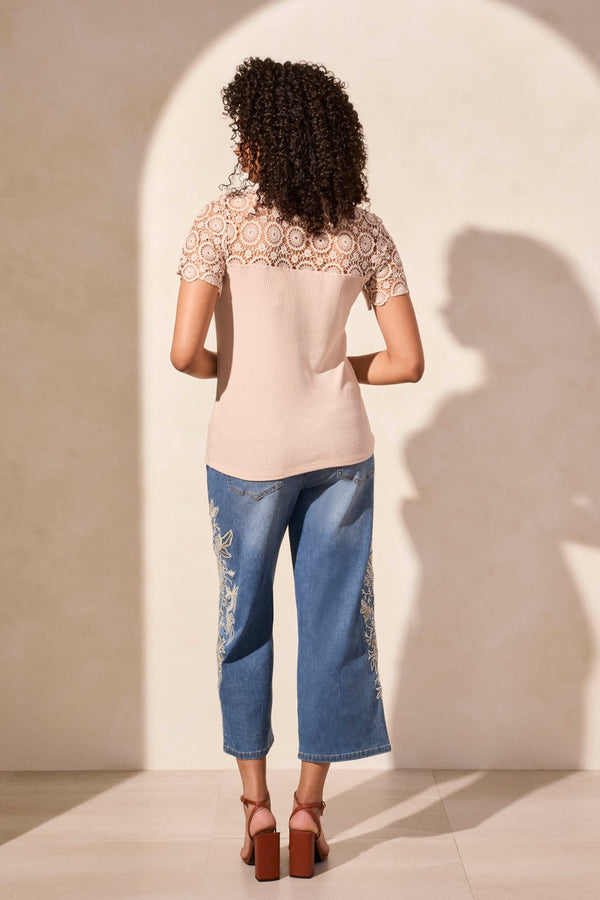 Tribal Haut Henley Côtelé À Manches Courtes Et Dentelle