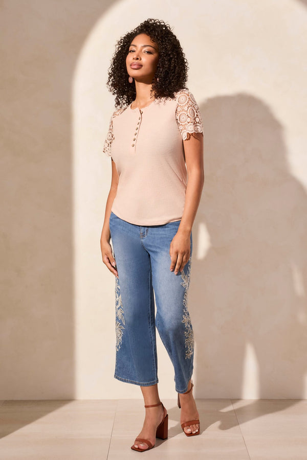 tribal Haut Henley Côtelé À Manches Courtes Et Dentelle