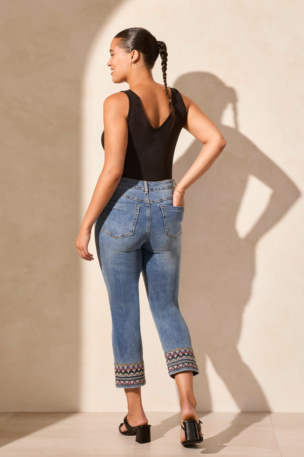 Tribal Jean Audrey Brodé À Jambe Droite Écourtée Et Taille Mi-Haute