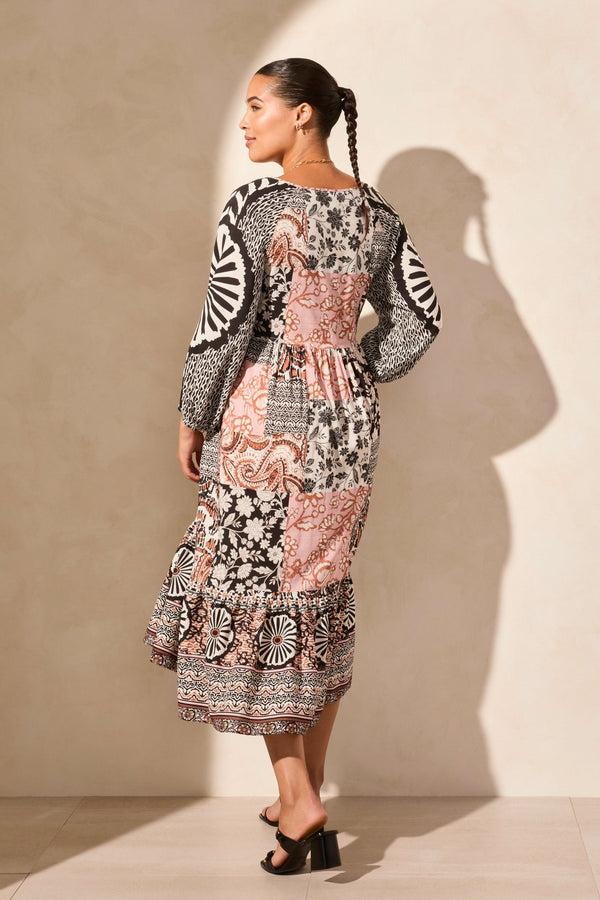 Tribal Robe À Manches Raglan Longues Et Col En V En Popeline