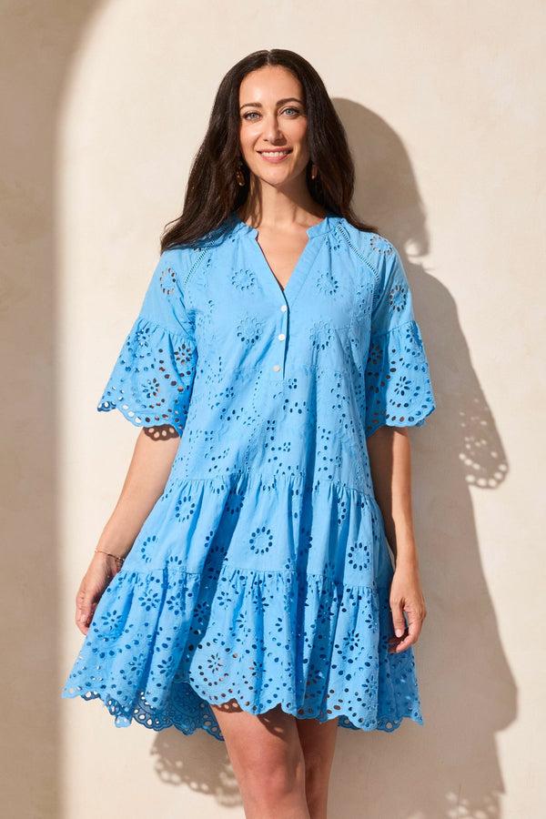 Tribal Robe Étagée En Coton Ajouré À Manches Courtes Volantées