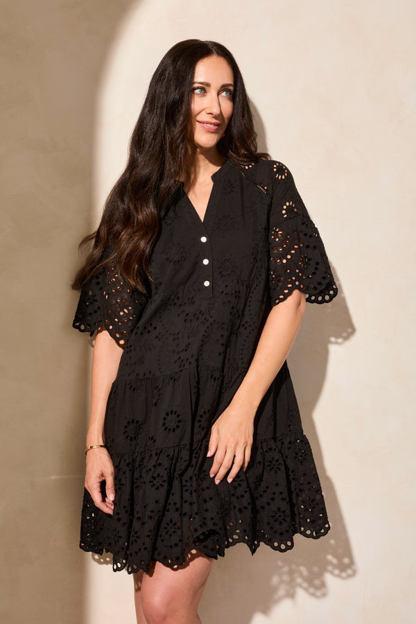 Tribal Robe Étagée En Coton Ajouré À Manches Courtes Volantées