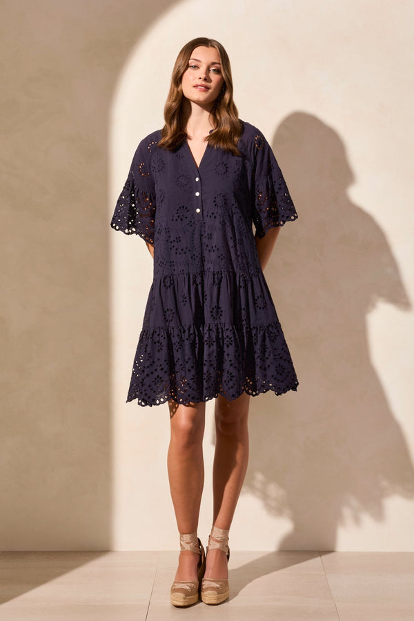 Tribal Robe Étagée En Coton Ajouré À Manches Courtes Volantées