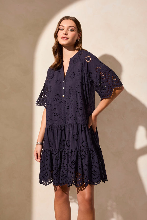 tribal Robe Étagée En Coton Ajouré À Manches Courtes Volantées