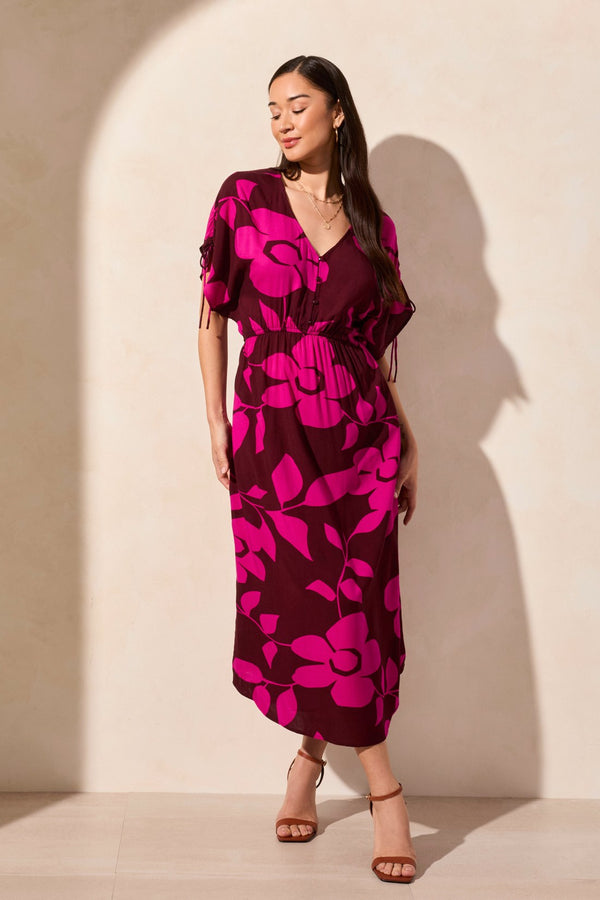 tribal Robe Maxi Fluide À Manches Courtes Et Col En V